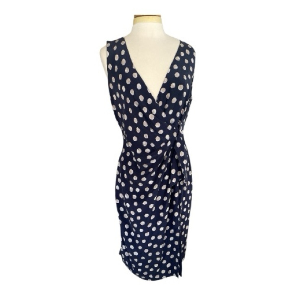 St. John Vintage Sleeveless Silk Navy and Taupe Polka Dot Midi Dress Size 12